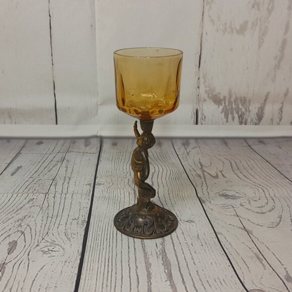 Putti Cherub Angel Votive Candle Holder Cast Metal Amber Glass Bowl 8" - Picture 2 of 13